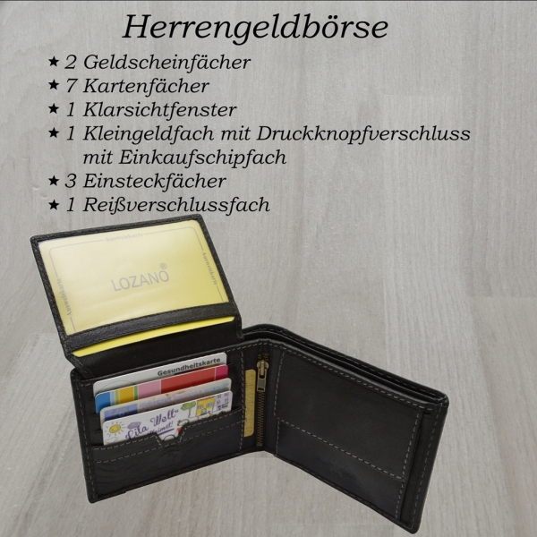 Herren Geldbörse Schwarzes Leder Portemonnaie Lozano